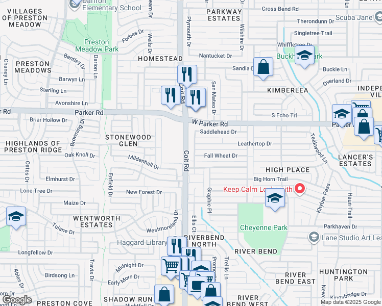 map of restaurants, bars, coffee shops, grocery stores, and more near 3101 Saddlehead Drive in Plano
