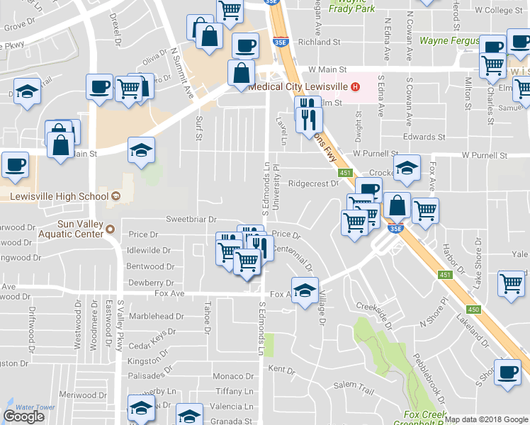 map of restaurants, bars, coffee shops, grocery stores, and more near 764 South Edmonds Lane in Lewisville