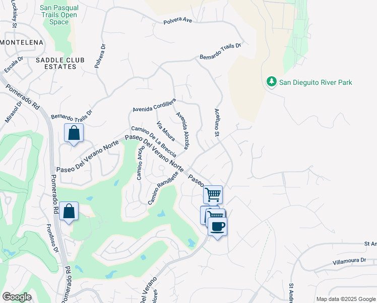 map of restaurants, bars, coffee shops, grocery stores, and more near 17823 Avenida Alozdra in San Diego