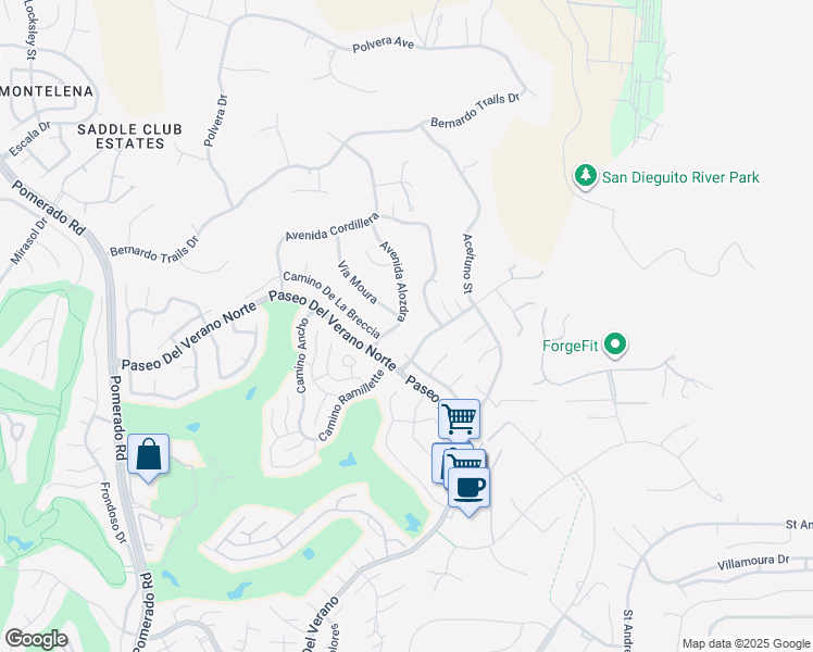 map of restaurants, bars, coffee shops, grocery stores, and more near 17909 Avenida Alozdra in San Diego