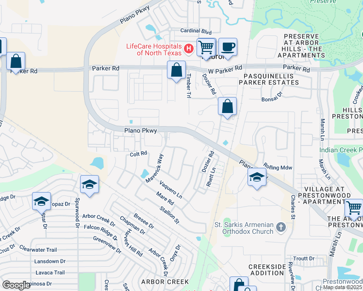 map of restaurants, bars, coffee shops, grocery stores, and more near 2317 Bronco Boulevard in Carrollton