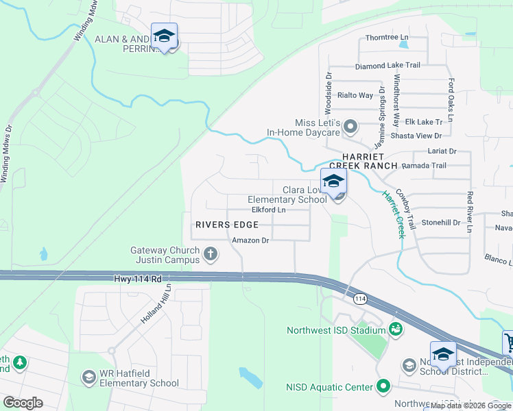 map of restaurants, bars, coffee shops, grocery stores, and more near 1341 Elkford Lane in Justin