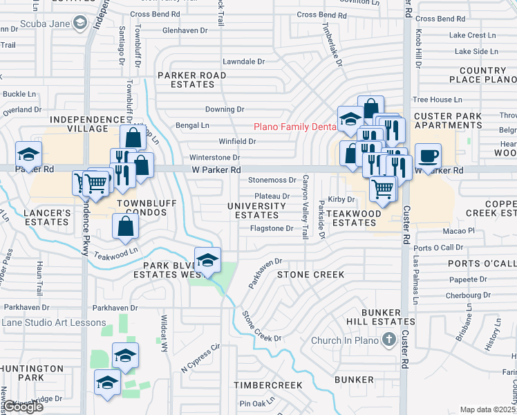 map of restaurants, bars, coffee shops, grocery stores, and more near 2521 Sierra Lane in Plano