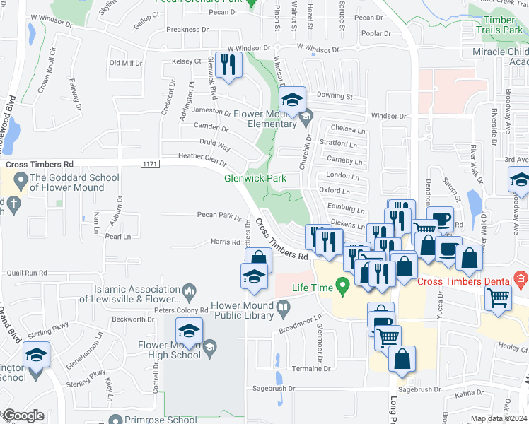 map of restaurants, bars, coffee shops, grocery stores, and more near 3132 Canterbury Lane in Flower Mound