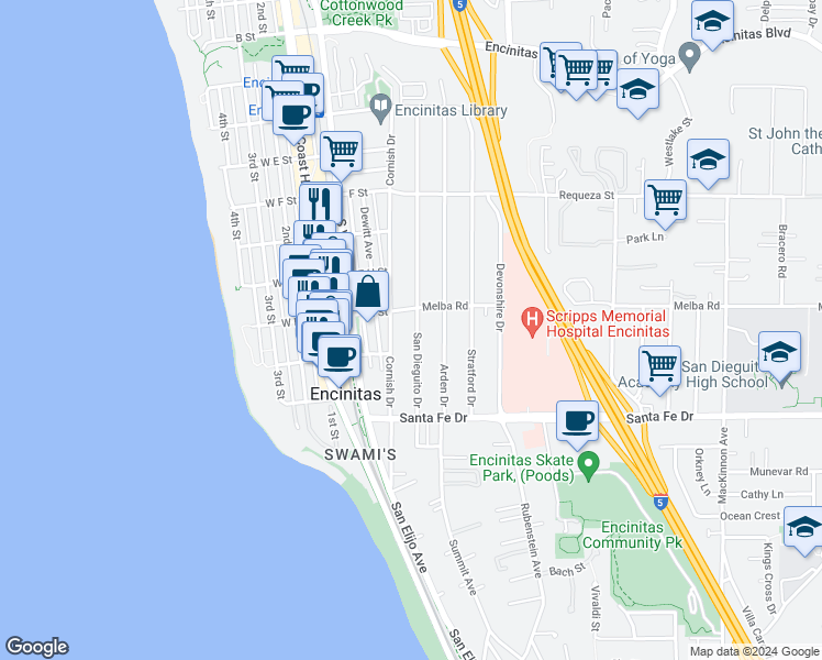 map of restaurants, bars, coffee shops, grocery stores, and more near 1040 San Dieguito Drive in Encinitas