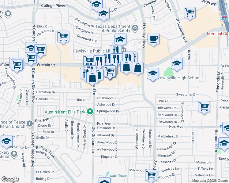 map of restaurants, bars, coffee shops, grocery stores, and more near 797 South Old Orchard Lane in Lewisville