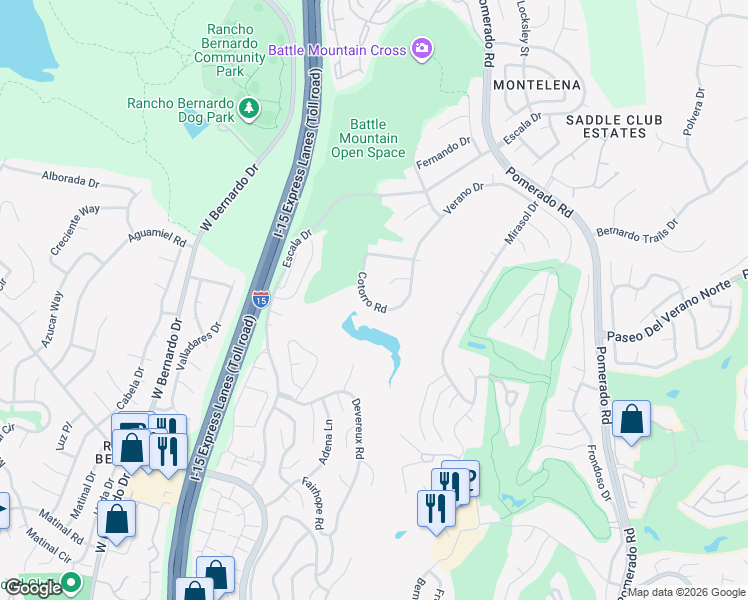 map of restaurants, bars, coffee shops, grocery stores, and more near 18027 Cotorro Road in San Diego