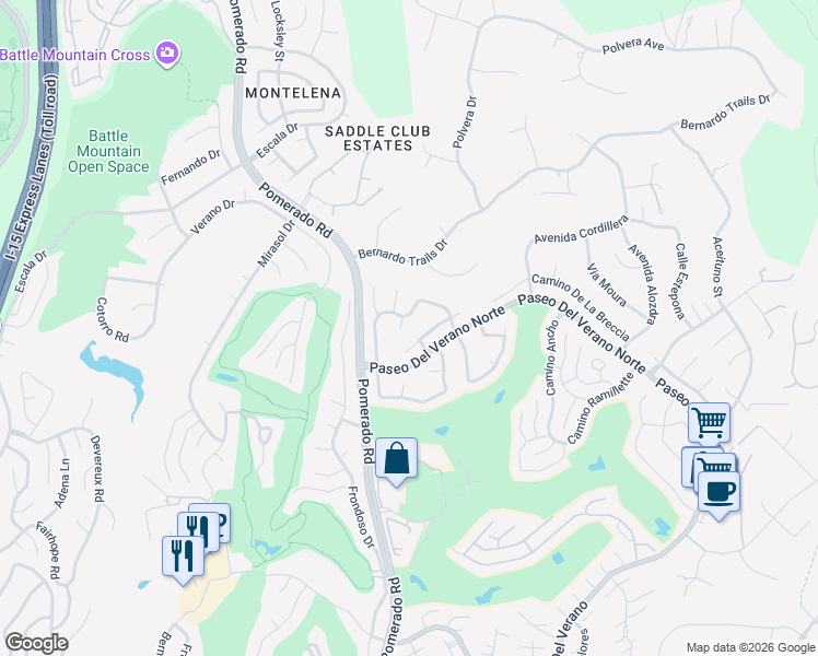 map of restaurants, bars, coffee shops, grocery stores, and more near 17875 Plaza Ahora in San Diego