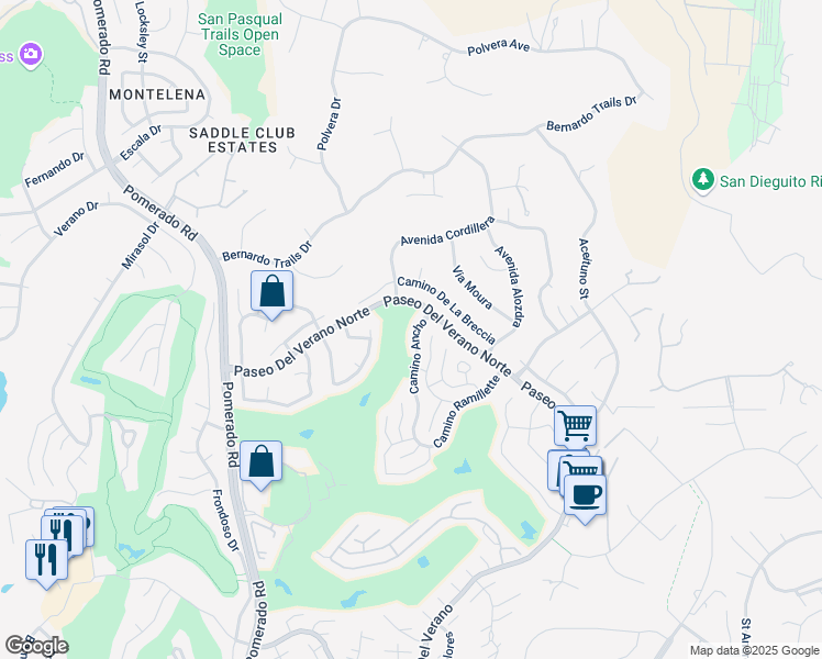 map of restaurants, bars, coffee shops, grocery stores, and more near 17748 Camino Ancho in San Diego