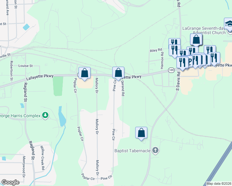 map of restaurants, bars, coffee shops, grocery stores, and more near 115 Pine Circle in LaGrange