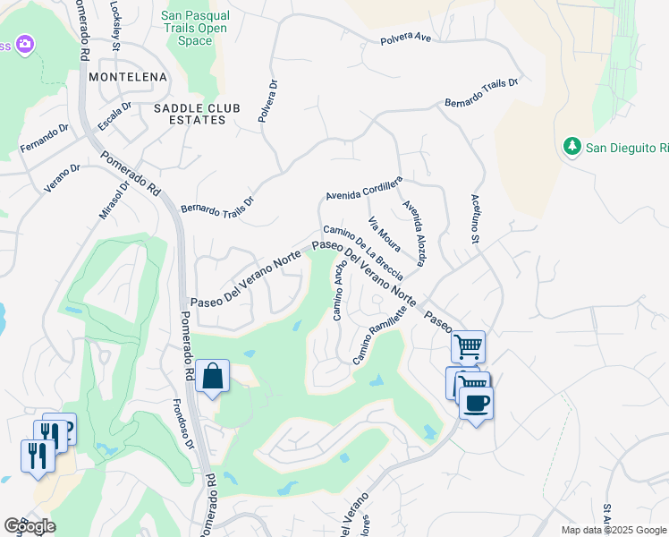 map of restaurants, bars, coffee shops, grocery stores, and more near 17748 Camino Ancho in San Diego