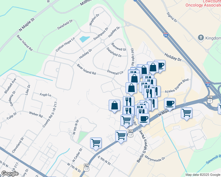 map of restaurants, bars, coffee shops, grocery stores, and more near 1001 Bear Island Road in Summerville