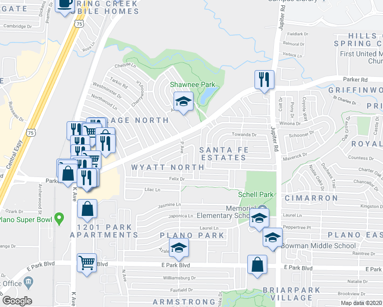 map of restaurants, bars, coffee shops, grocery stores, and more near 3105 Osceola Drive in Plano
