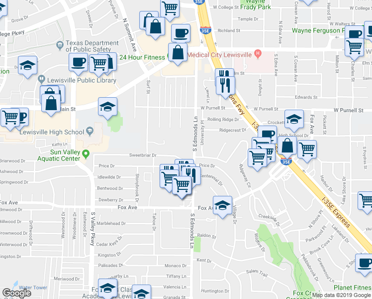 map of restaurants, bars, coffee shops, grocery stores, and more near 760 South Edmonds Lane in Lewisville