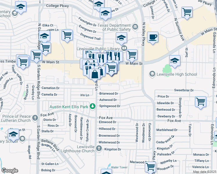 map of restaurants, bars, coffee shops, grocery stores, and more near 797 South Old Orchard Lane in Lewisville