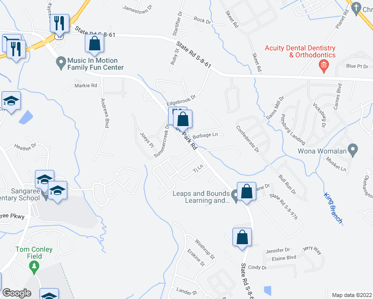 map of restaurants, bars, coffee shops, grocery stores, and more near 1228 Jeanna Street in Summerville