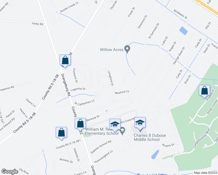 map of restaurants, bars, coffee shops, grocery stores, and more near 260 Longford Drive in Summerville