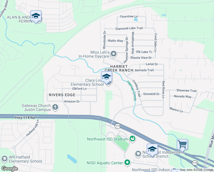 map of restaurants, bars, coffee shops, grocery stores, and more near 16301 Elementary Drive in Justin