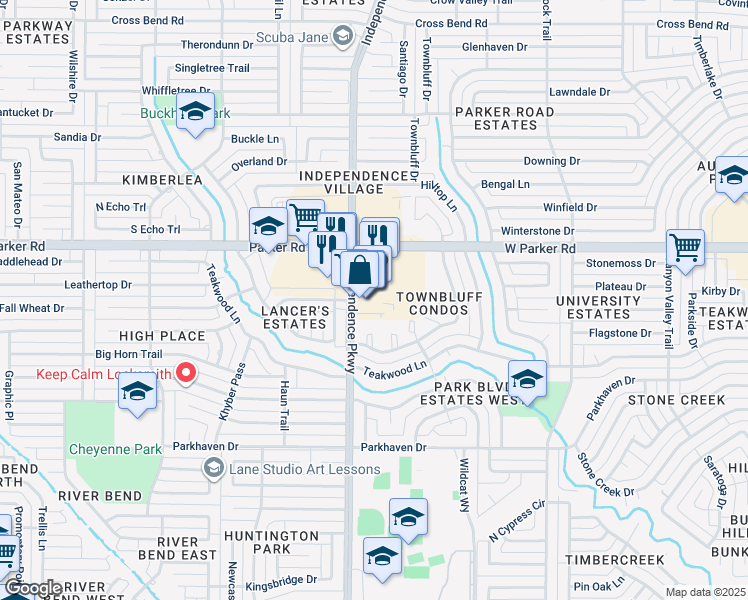 map of restaurants, bars, coffee shops, grocery stores, and more near 3100 Independence Parkway in Plano