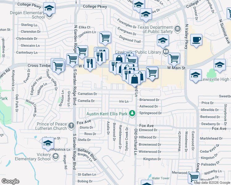map of restaurants, bars, coffee shops, grocery stores, and more near 1329 Carnation Drive in Lewisville
