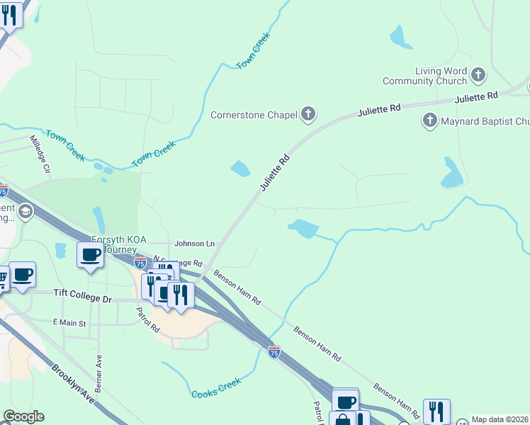 map of restaurants, bars, coffee shops, grocery stores, and more near 111 Conifer Drive in Forsyth