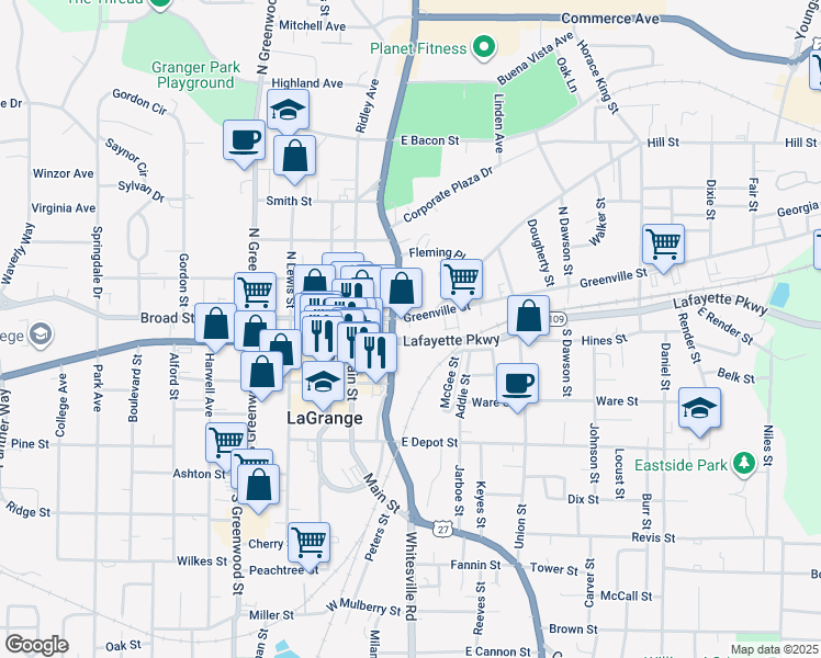 map of restaurants, bars, coffee shops, grocery stores, and more near 206 Greenville Street in LaGrange
