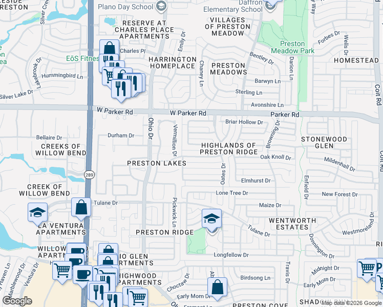 map of restaurants, bars, coffee shops, grocery stores, and more near 4561 Meadow Ridge Drive in Plano