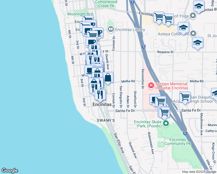 map of restaurants, bars, coffee shops, grocery stores, and more near 1020 Dewitt Avenue in Encinitas