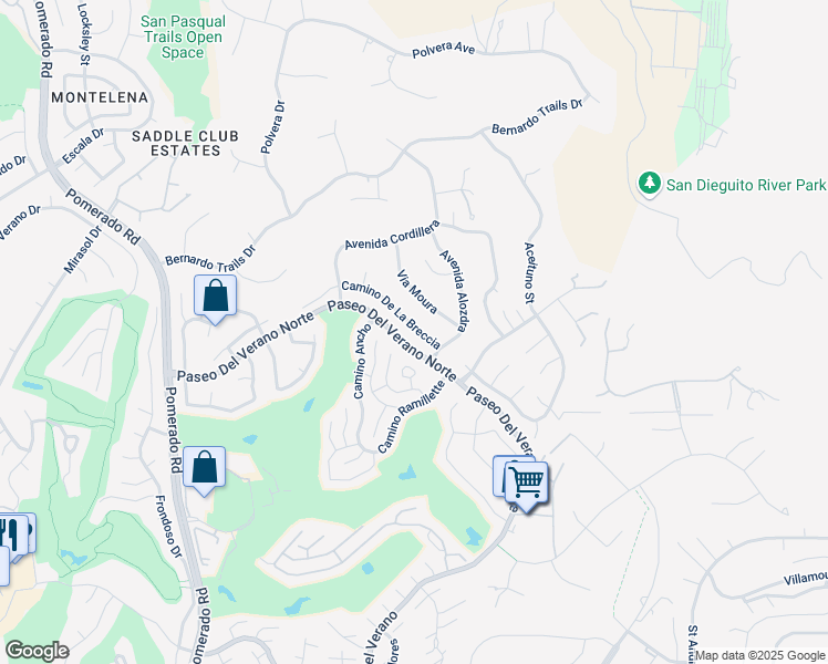 map of restaurants, bars, coffee shops, grocery stores, and more near 12855 Camino De La Breccia in San Diego