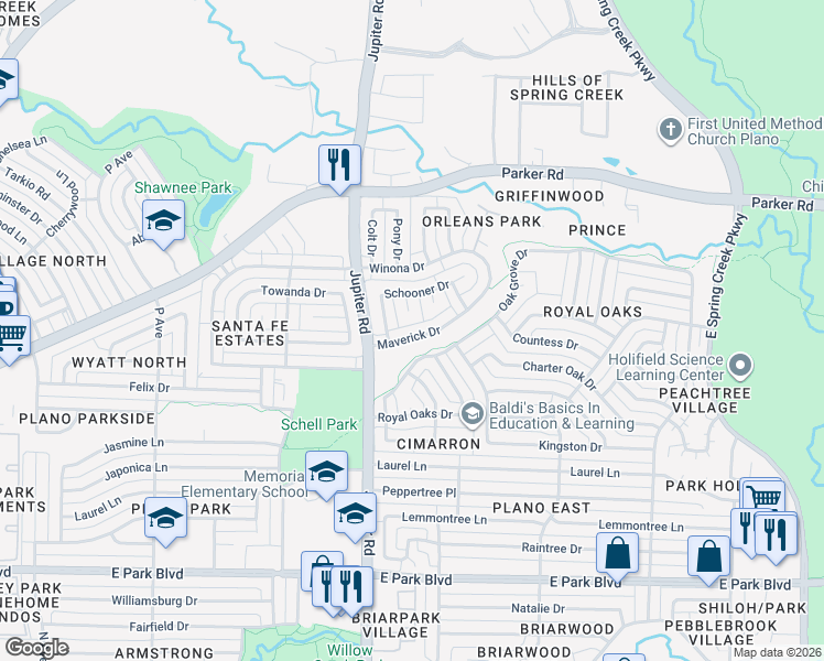 map of restaurants, bars, coffee shops, grocery stores, and more near 2421 Maverick Drive in Plano