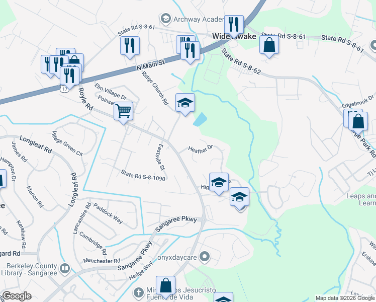 map of restaurants, bars, coffee shops, grocery stores, and more near 116 Heather Drive in Summerville