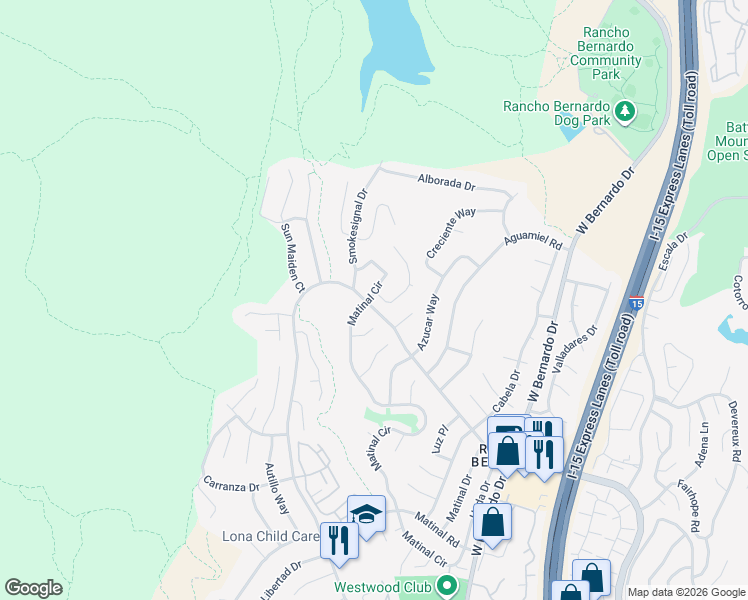 map of restaurants, bars, coffee shops, grocery stores, and more near 18003 Chieftain Court in San Diego