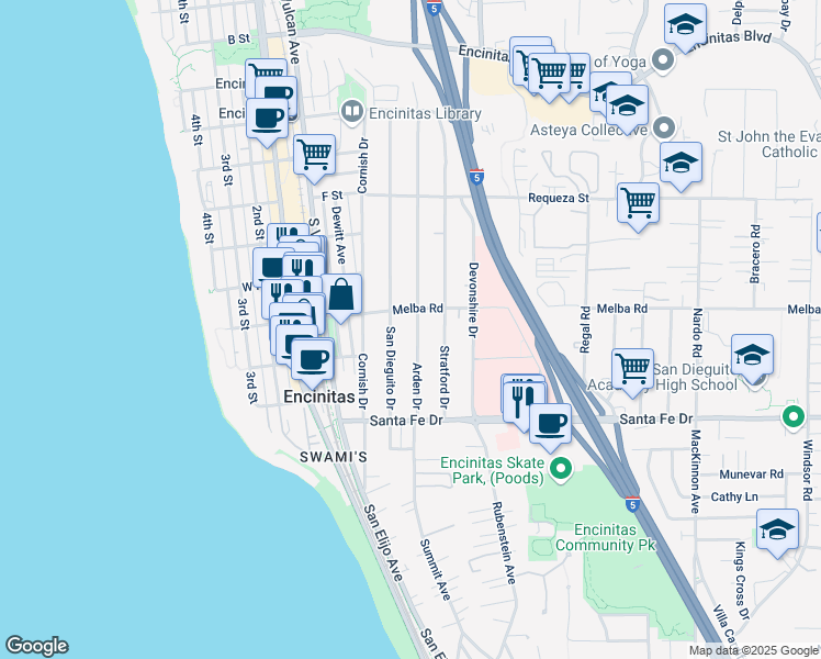 map of restaurants, bars, coffee shops, grocery stores, and more near 1051 Arden Drive in Encinitas