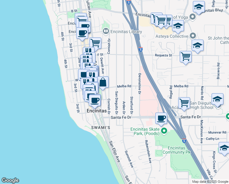 map of restaurants, bars, coffee shops, grocery stores, and more near 1040 San Dieguito Drive in Encinitas