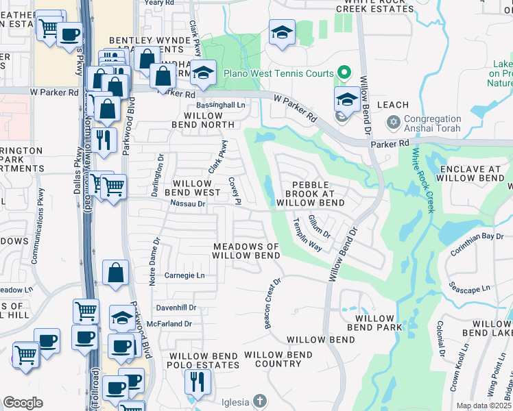 map of restaurants, bars, coffee shops, grocery stores, and more near 2117 Amesbury Drive in Plano