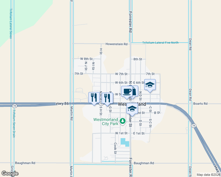 map of restaurants, bars, coffee shops, grocery stores, and more near North G Street in Westmorland