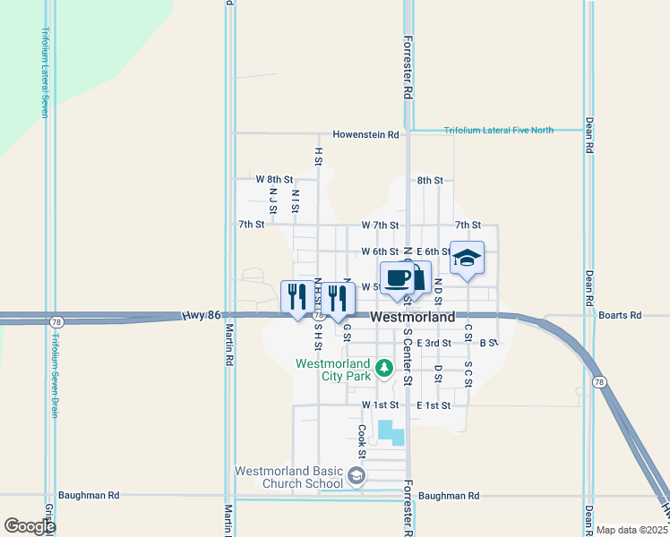 map of restaurants, bars, coffee shops, grocery stores, and more near 201 North G Street in Imperial