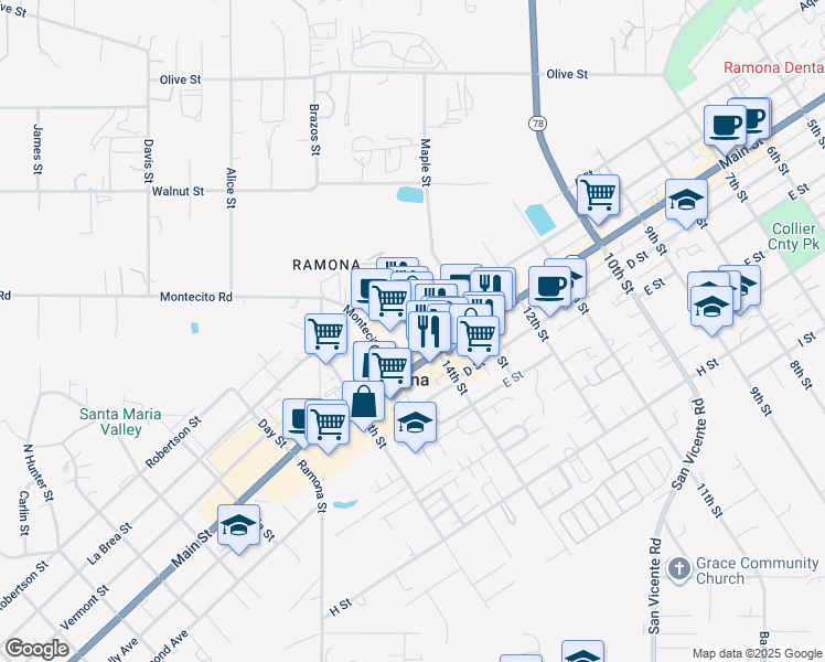 map of restaurants, bars, coffee shops, grocery stores, and more near 1413 Main Street in Ramona