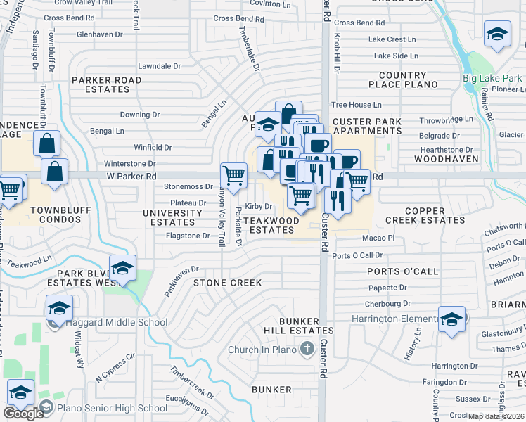 map of restaurants, bars, coffee shops, grocery stores, and more near 2205 Vickers Drive in Plano