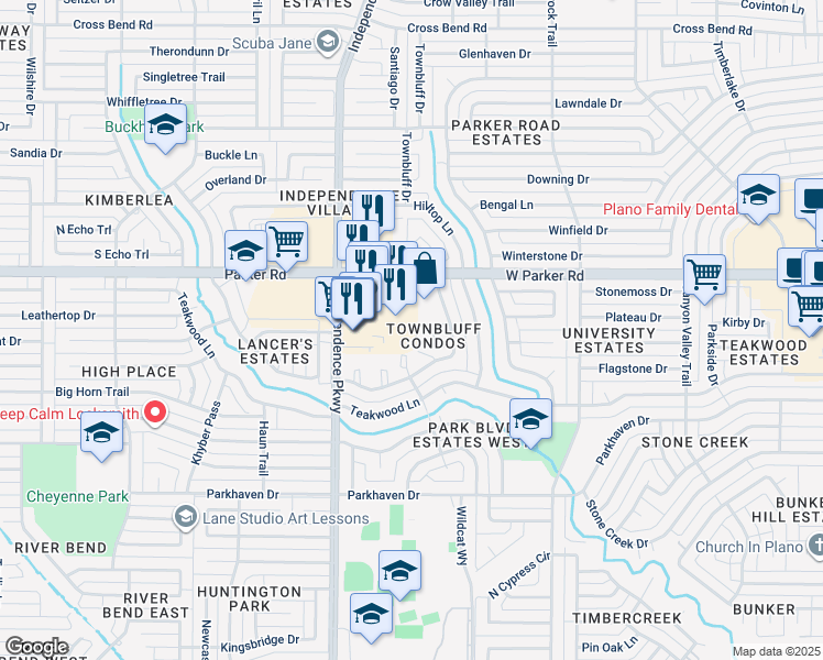 map of restaurants, bars, coffee shops, grocery stores, and more near 3101 Townbluff Drive in Plano
