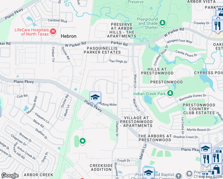map of restaurants, bars, coffee shops, grocery stores, and more near 4609 Gentle Glen Drive in Carrollton