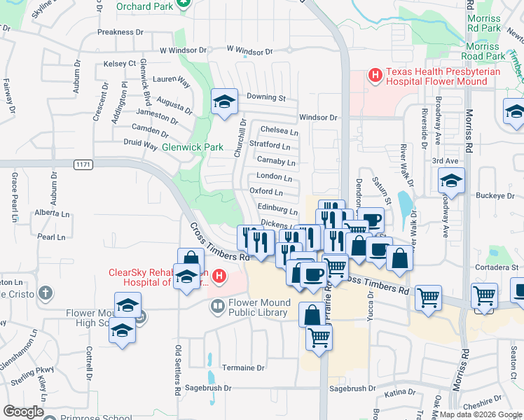 map of restaurants, bars, coffee shops, grocery stores, and more near 2841 Edinburg Lane in Flower Mound