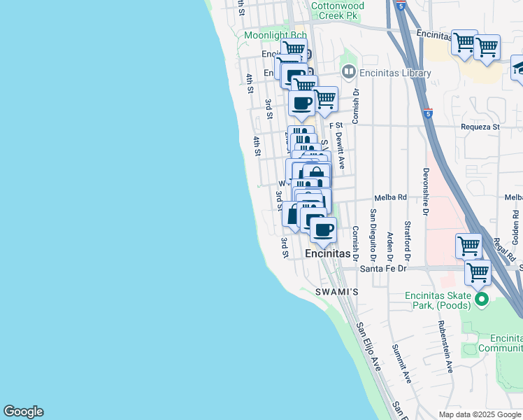 map of restaurants, bars, coffee shops, grocery stores, and more near 383-499 West I Street in Encinitas