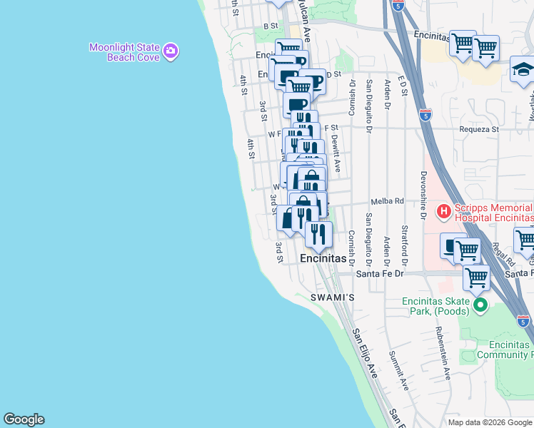 map of restaurants, bars, coffee shops, grocery stores, and more near Sealane Dr & W I St in Encinitas