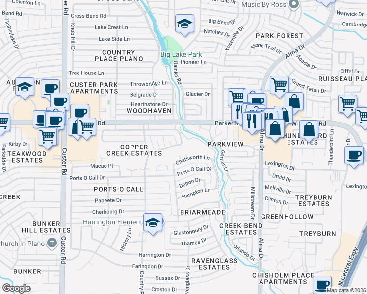map of restaurants, bars, coffee shops, grocery stores, and more near 1500 Idyllwild Drive in Plano