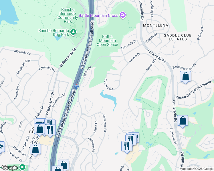 map of restaurants, bars, coffee shops, grocery stores, and more near 18047 Verano Drive in San Diego