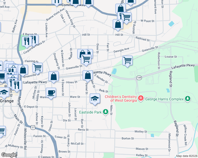 map of restaurants, bars, coffee shops, grocery stores, and more near 218 East Render Street in LaGrange
