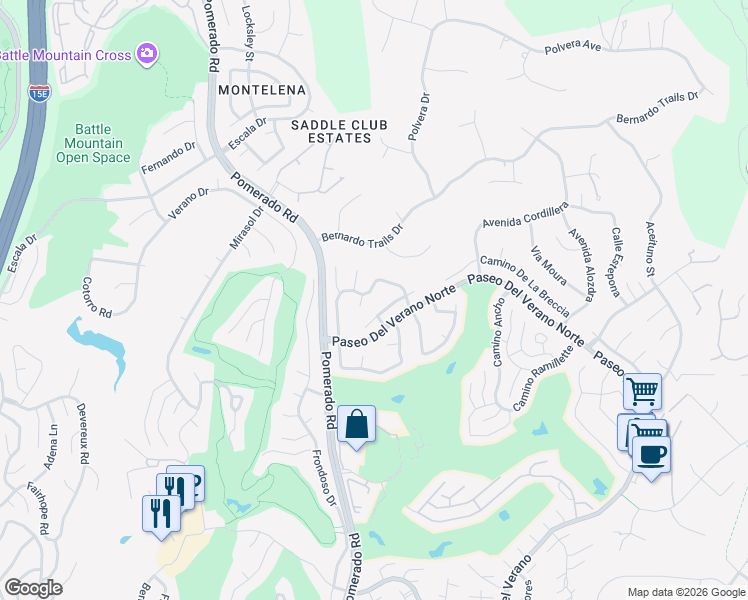 map of restaurants, bars, coffee shops, grocery stores, and more near 12609 Camino Emparrado in San Diego