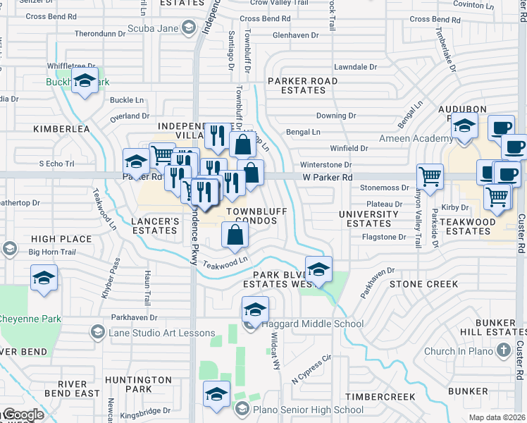 map of restaurants, bars, coffee shops, grocery stores, and more near 3014 Townbluff Drive in Plano