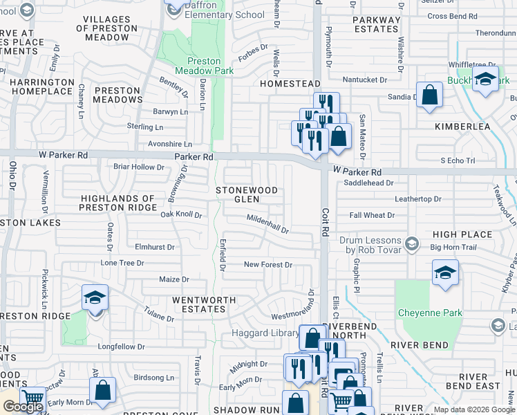 map of restaurants, bars, coffee shops, grocery stores, and more near 4125 Mildenhall Drive in Plano